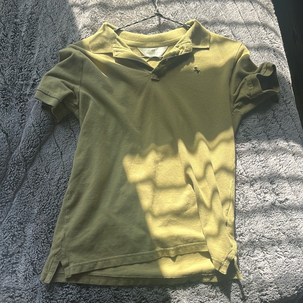 olive green collared polo short sleeve shirt.